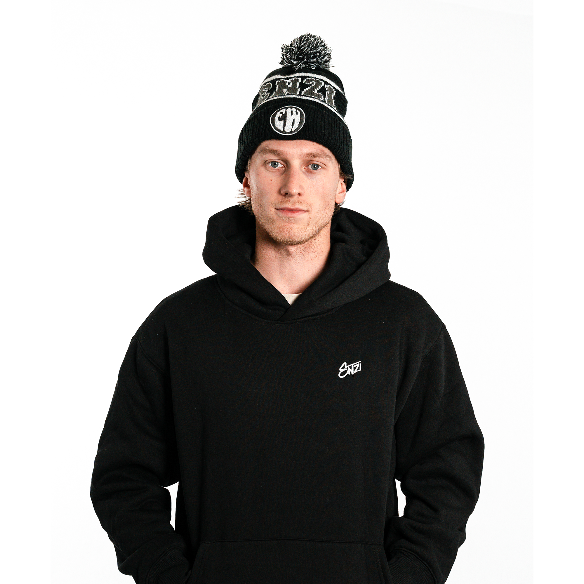 BLACK & GREY "ENZI" POM BEANIE